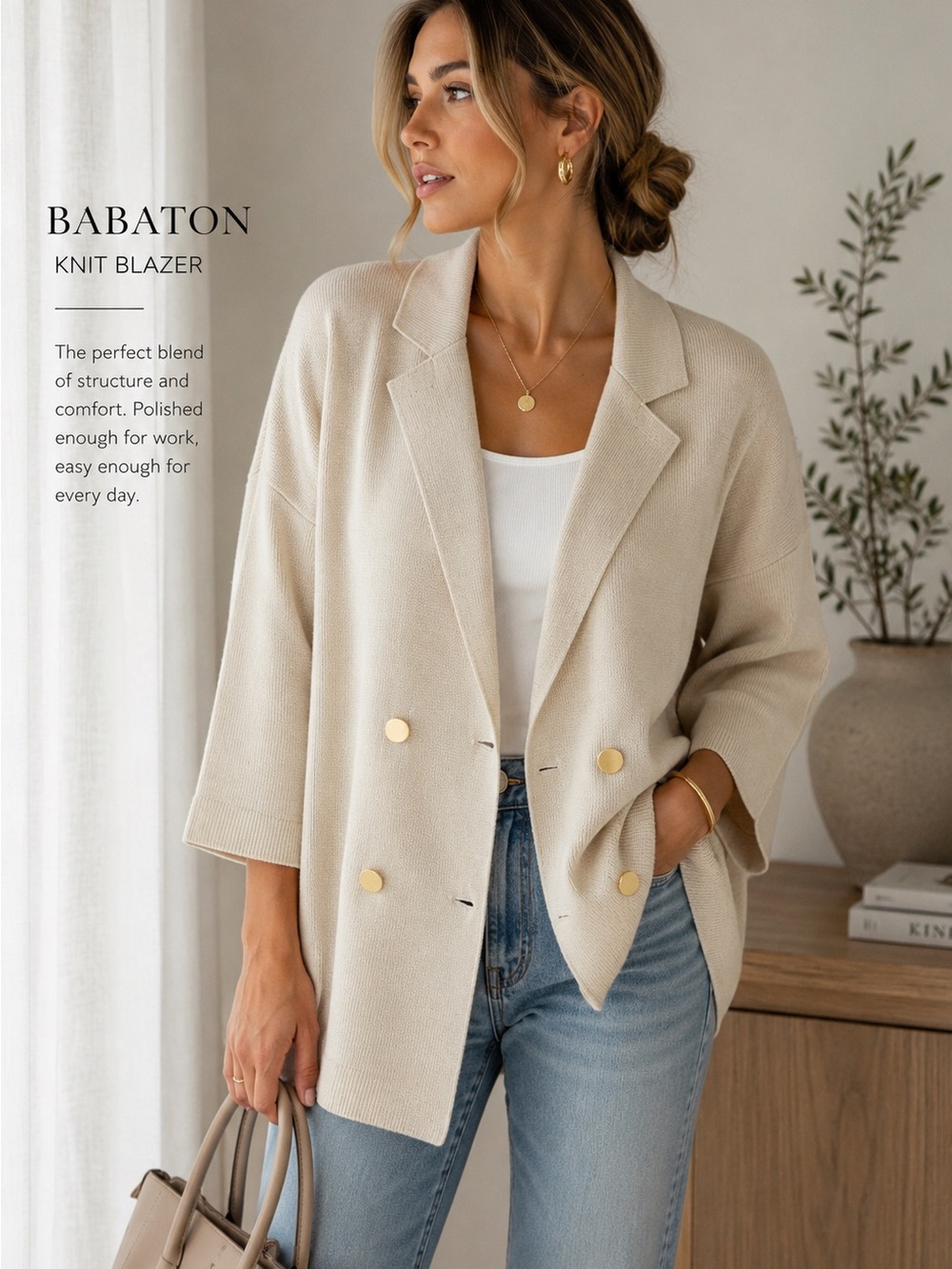 Babaton Aritzia Cream Double Breasted Knit Blazer Gold Button 2XS Oversized